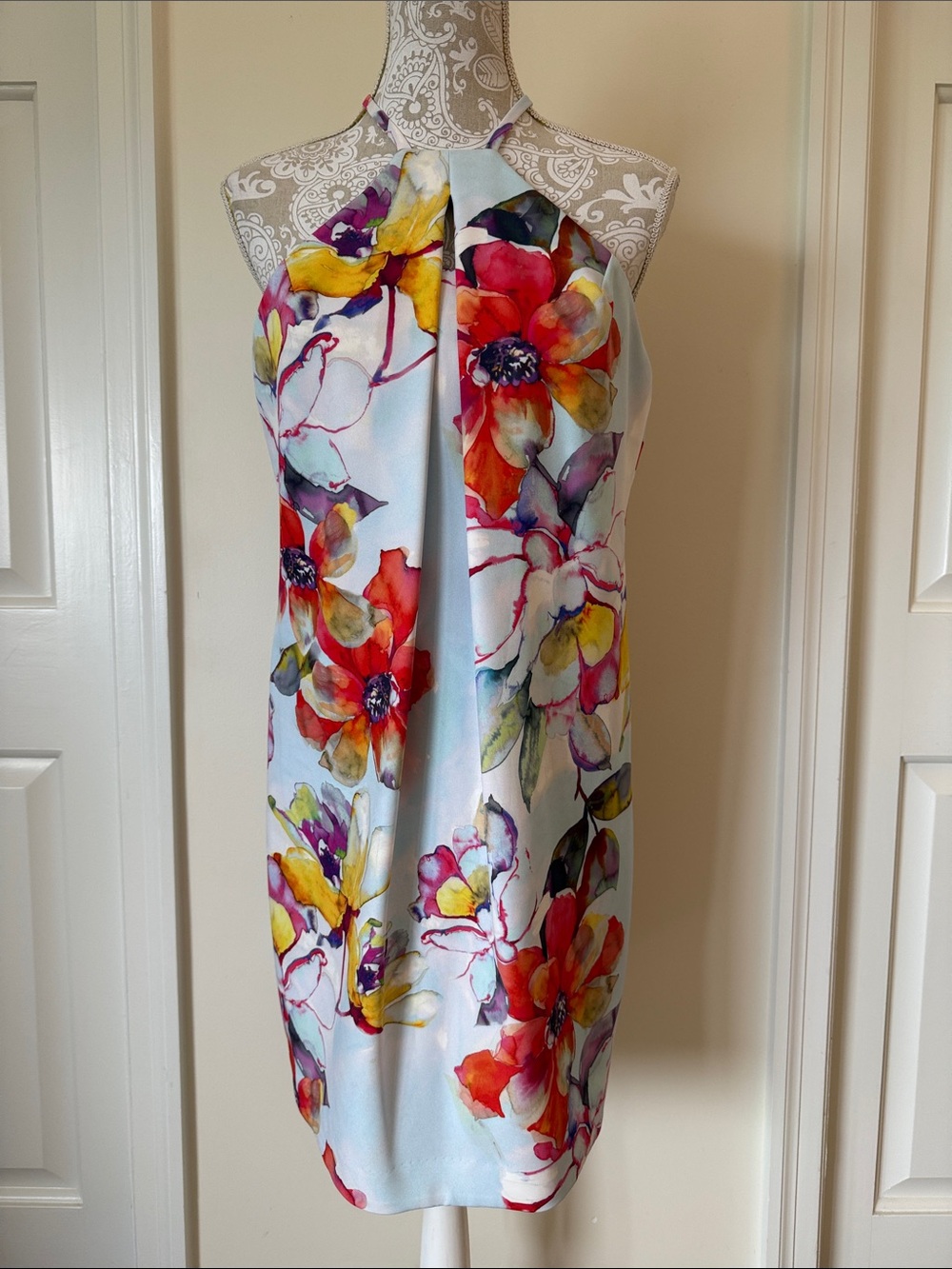 Trina Turk  Formal Size 8 Floral Halter Sheath Dress in Light Blue